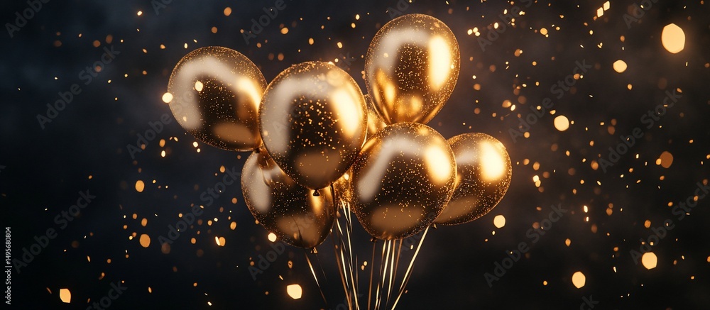 Poster golden balloons floating against a dark background with sparkling confetti.