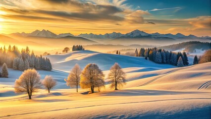 Golden Sunrise Over Frosty Winter Landscape with Rolling Hills and Distant Mountains