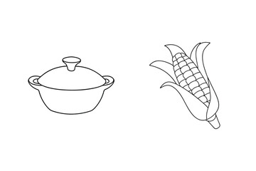 Simple outline drawing of a covered cooking pot and an ear of fresh corn on the cob