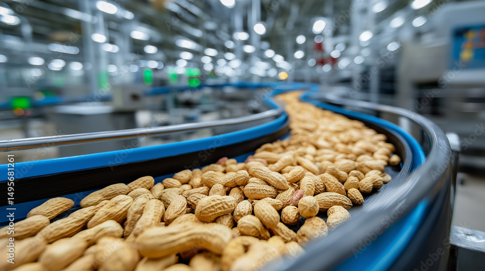 Poster raw peanuts on conveyor belt in motion, shells detailed and crisp, surrounded by blurred factory mac
