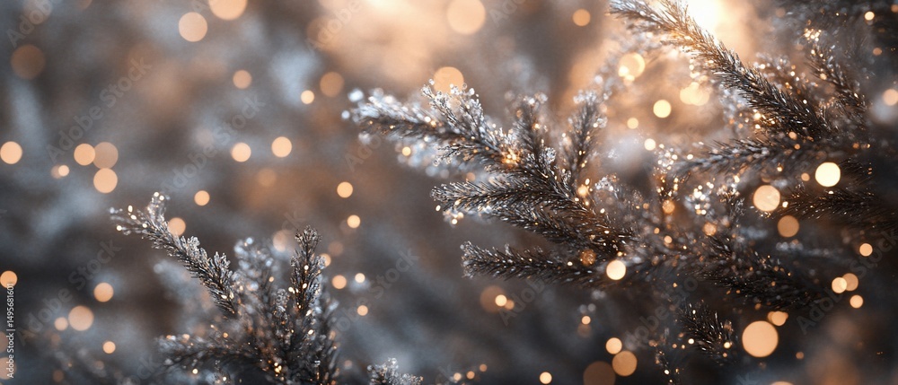 Poster close-up of frosted pine branches with bokeh lights.
