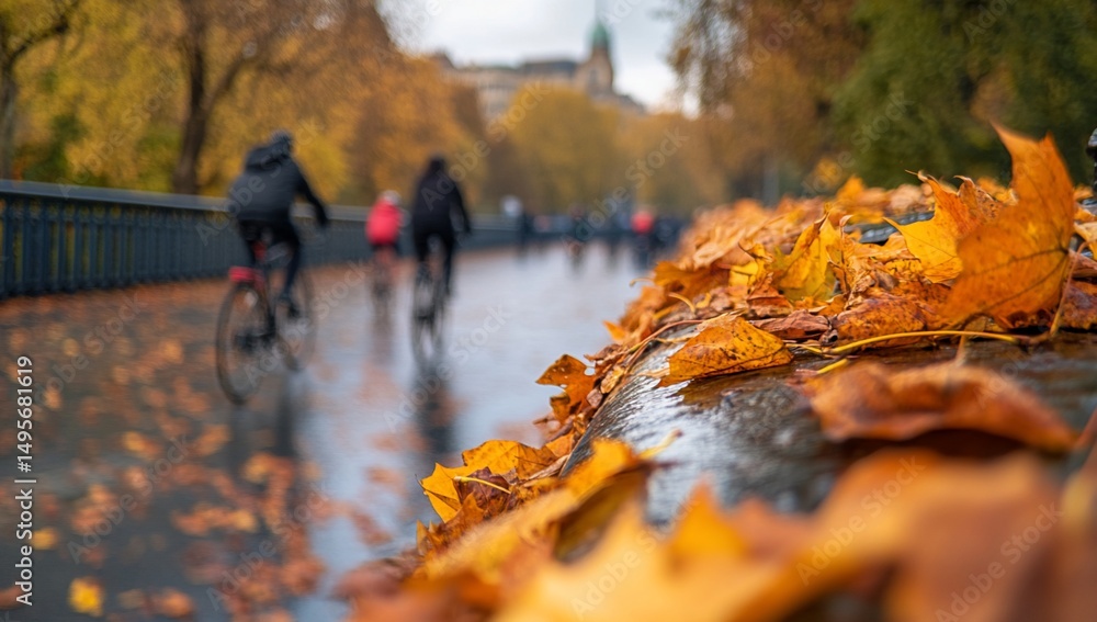Poster autumn leaves on a wet path with cyclists in the background.