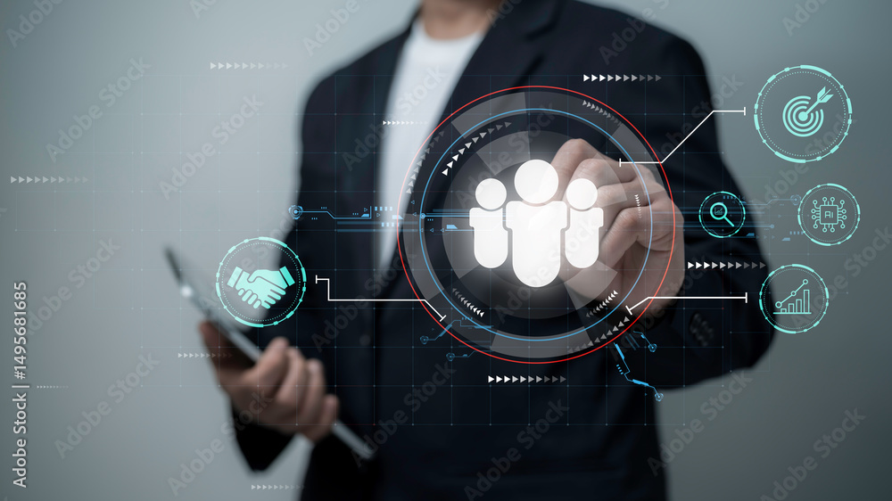 Poster businessman using digital interface for teamwork and target analysis