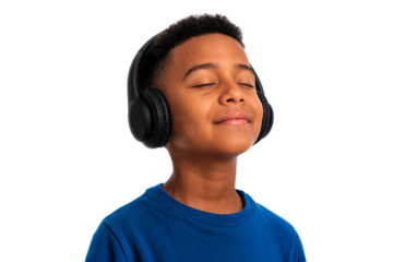 Relaxed young boy listening to music with eyes closed, isolated on transparent background