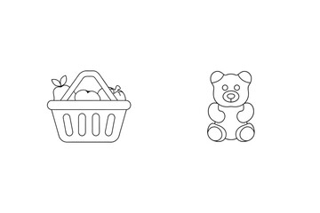 Simple outline illustration of shopping basket with fruits and cute gummy bear on white background