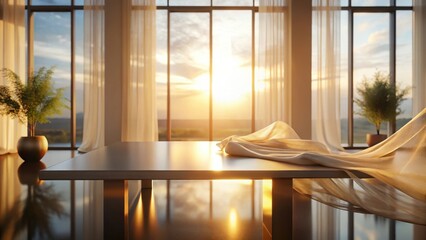 Golden Hour Serenity A Table Set Against a Panoramic Sunset View with Sheer Drapery