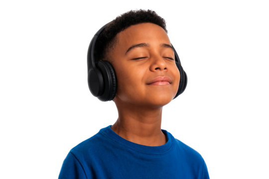 Relaxed young boy listening to music with eyes closed, isolated on transparent background