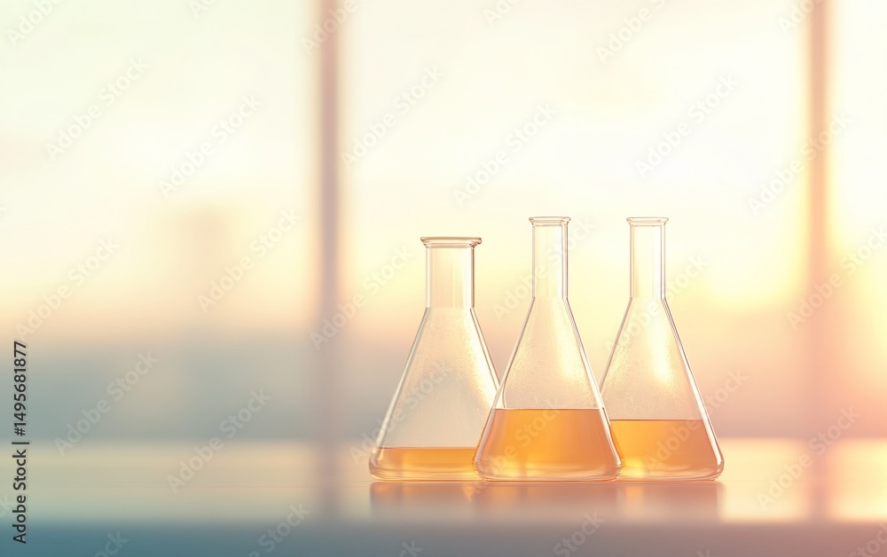 Poster three erlenmeyer flasks with yellow liquid sit on a lab bench in front of a window with a sunlit bac