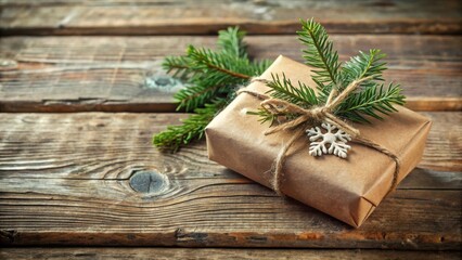 Rustic Wrapped Gift with Evergreen Boughs and Snowflake Ornament on Weathered Wood
