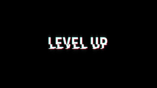 level up animation of looped text with glitch effect on green black background. 8 bit video game screen saver. up level