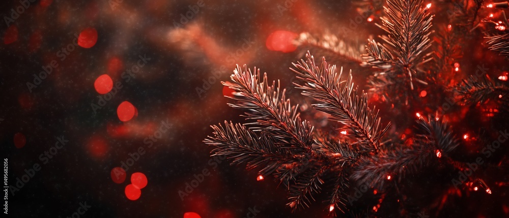 Poster close-up of illuminated pine branch with red lights and bokeh background.