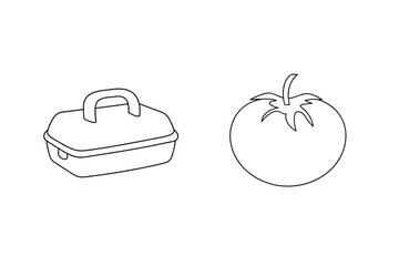 Simple outline illustration of a cooler with a handle and a perfectly drawn tomato