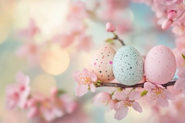Colorful speckled Easter eggs resting on a branch with delicate pink cherry blossoms and soft dreamy bokeh background in natural morning light