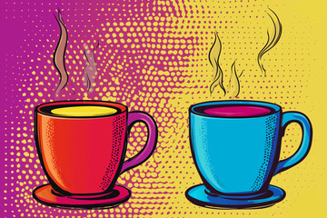 Vibrant pop art coffee mugs perfect for cafe promotions, food blogs, or lifestyle content. Energetic colors evoke warmth and conversation