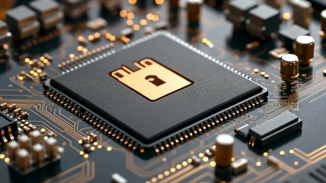A microchip featuring a gold floppy disk with a keyhole set against a dark circuit board