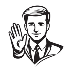 A man in a suit waving, illustrated in a black and white style.