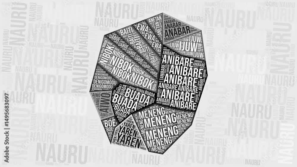 Poster nauru animation. visual effect of nauru regions appearing in black and white word clouds style. coun
