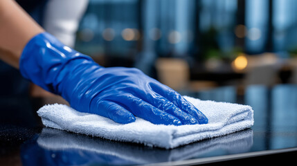 Macro shot of blue-gloved hands running a microfiber cloth along the edge of a conference table, capturing texture of the cloth and shine on the surface, symbolizing professional c