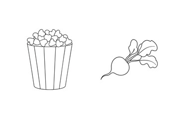 Black and white illustration of popcorn and a radish on a white background