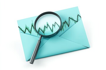 A light teal envelope with a magnifying glass focused on a financial chart