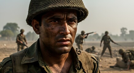 Fototapeta premium Grizzled Soldier in Combat A Powerful Image of War's Brutality and Human Resilience