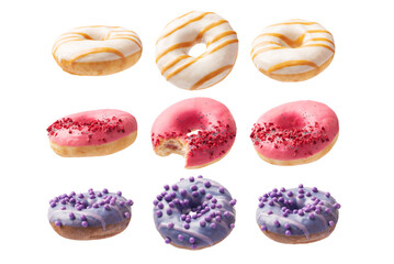 Set of delicious glazed donuts isolated on white background. Sweet treat or dessert concept