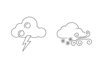 Simple black and white outline illustrations of weather elements featuring clouds and lightning