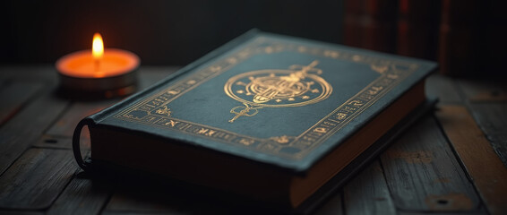 Generative AI Ancient Book and Candlelight Still Life Candle Old Vintage Ornate Gold Illumination Dark Wood Still life Cover Close-up Literature Mystery Magic Ritual - Modern Look