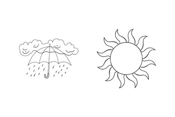 Black and white weather icons depicting sun and rain for various design projects