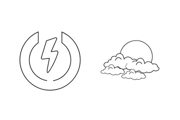 Black and white illustration of lightning bolt symbol and cloudy sun icon