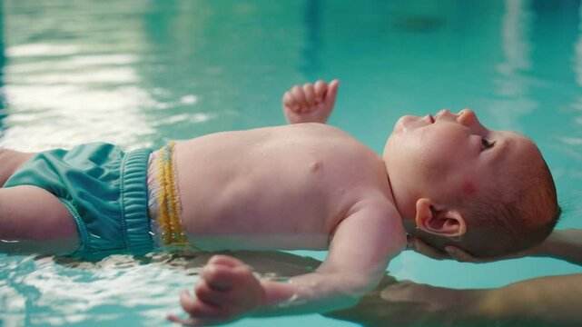 A mother gives her newborn son his first swim in the pool. The mother gives swimming lessons to the baby by making him lie down in the water. The newborn relaxes and follows the mother's lesson
