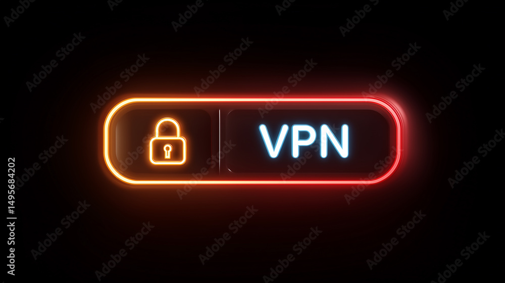 Poster neon glow toggle button representing vpn with lock symbol for privacy and cybersecurity in digital c