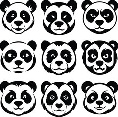 Obraz premium Nine unique panda bear faces showcase varied cartoon expressions in stark black and white
