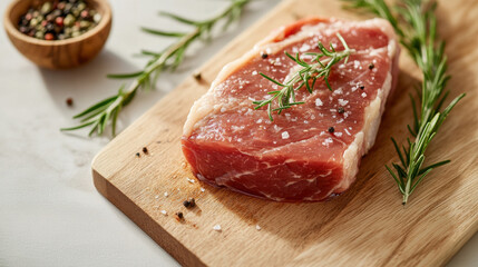 Pork Loin with Rosemary pepper and salt on wooden plate. 3D Illustration