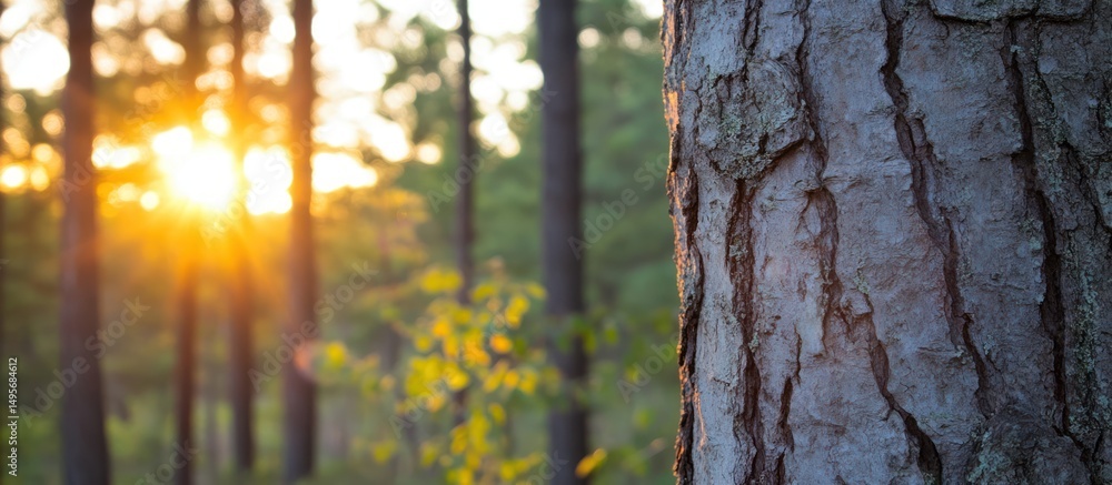 Poster sunlit forest scene with textured tree bark in focus and golden bokeh