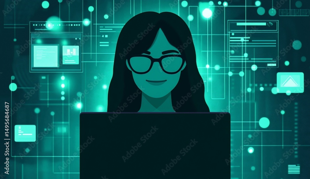 Poster woman programmer working on laptop with digital interface.
