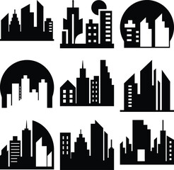 Fototapeta premium Nine varied black city silhouette icons present different urban skyline views under various conditions