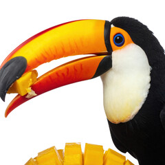 Toucan eating fruit, white isolate background