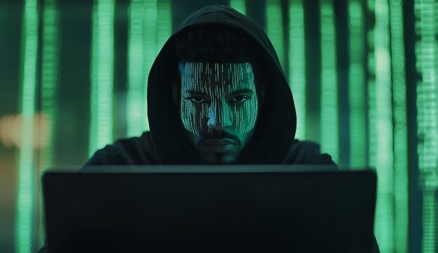Hacker man in hoodie using laptop with green digital code background.