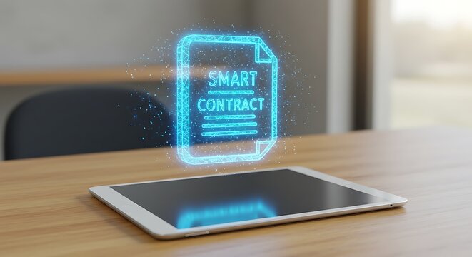 3D Render of Smart Contract Icon Floating Above Digital Tablet on Desk Generative AI

