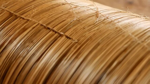 Close-up of coiled natural fiber material, showing the texture and pattern of tightly wound strands of organic cordage ready for craft projects.