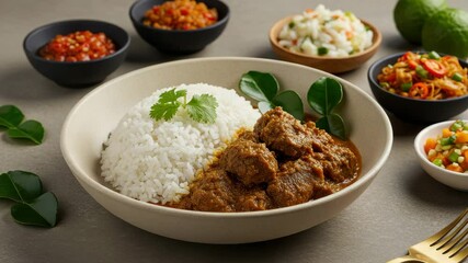 A bowl of rich curry served with white rice and colorful side dishes showcases a delightful meal