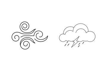 Simplified outline of weather symbols depicting wind rain and thunderstorm on white background