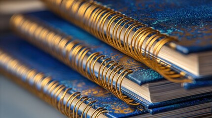 Close-up of Stacked Spiral Notebooks with Blue and Gold Design