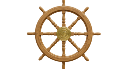 Isolated Wooden Ship Wheel with Brass Center