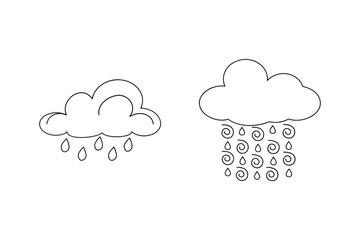 Simple black and white outlined clouds with rain drops for weather illustrations