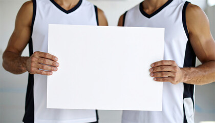 Two male athletes in sleeveless basketball uniforms holding a blank white sign together, suitable for text or promotional message.