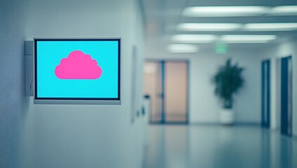 Pink cloud icon displayed on a screen mounted on a light-colored wall in a modern office hallway.
