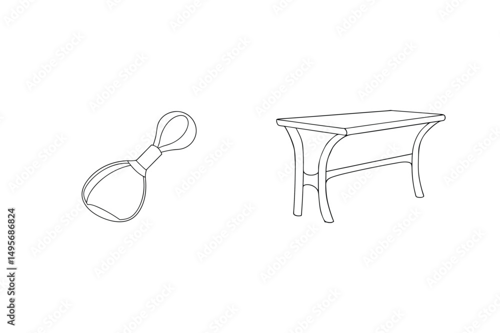 Poster vector illustration depicting a rattle toy and a table in simple outline style