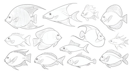 Elegant line art collection of tropical fish species with detailed anatomical features